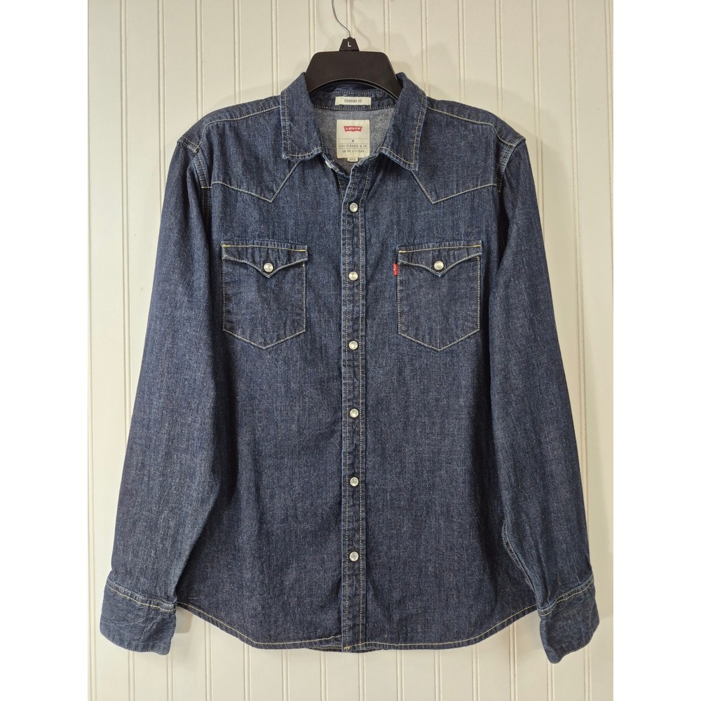 Levis Women Denim Western Shirt Dark Wash Pearl Snap Long
Sleeve Size M Rugged